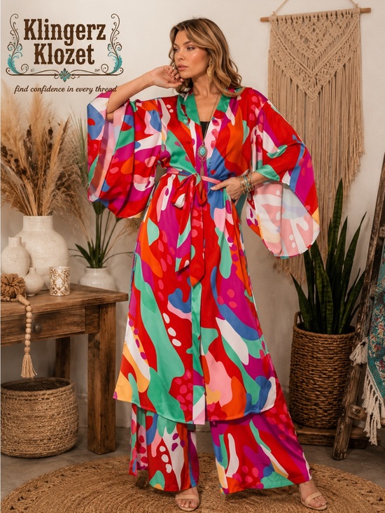 Flying Tomato Pants - Flying Tomato Multicolor Satin belted Kimono Ensemble set